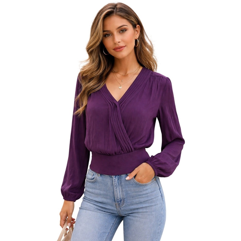 Rachel Rachel Roy Purple Pleated Surplice V-Neck Smocked Waist Blouse NEW